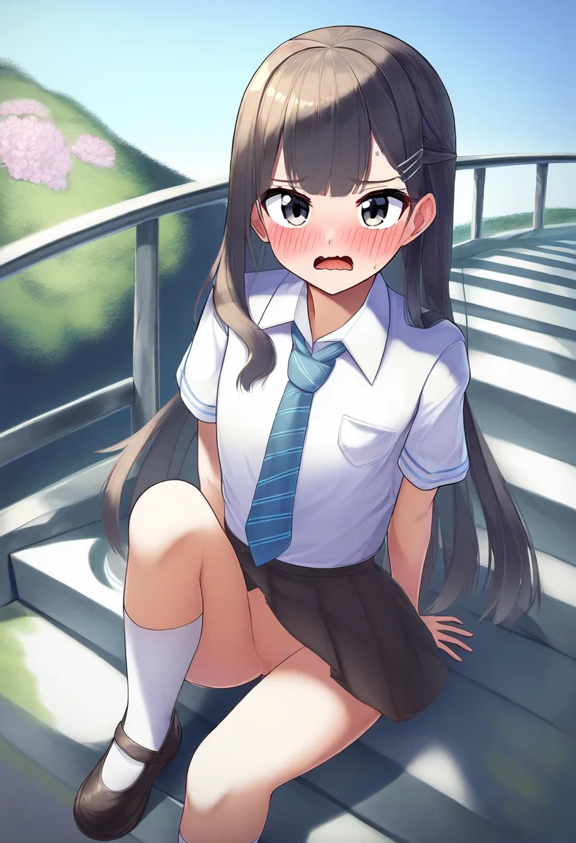 美少女のスカートが捲れたらノーパンだったことに気づいて顔を赤らめて恥ずかしがっている