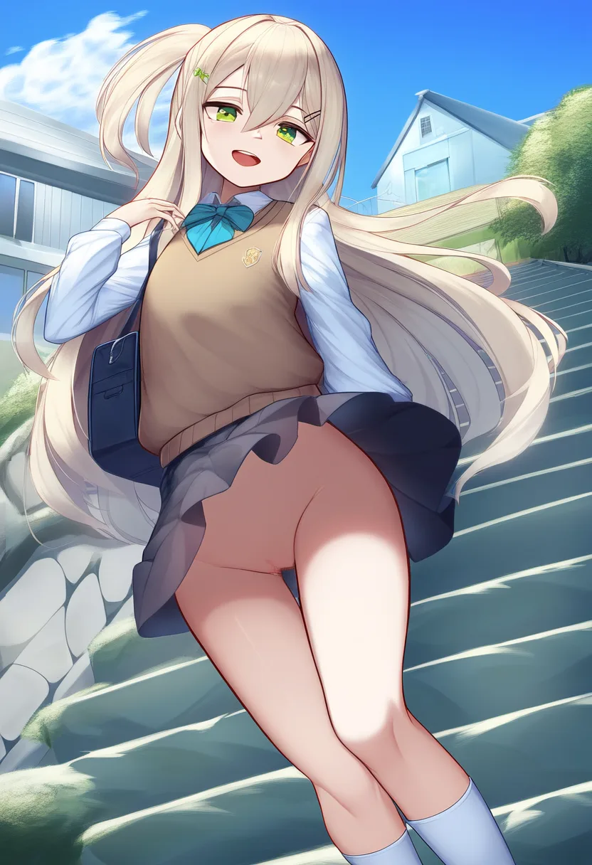 階段を歩く美少女のスカートが捲れたらノーパンだったがまだ気づいていない