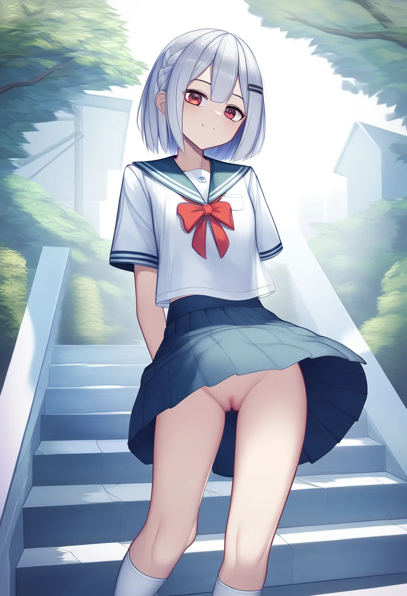 階段を歩く美少女のスカートが捲れたらノーパンだったがまだ気づいていない