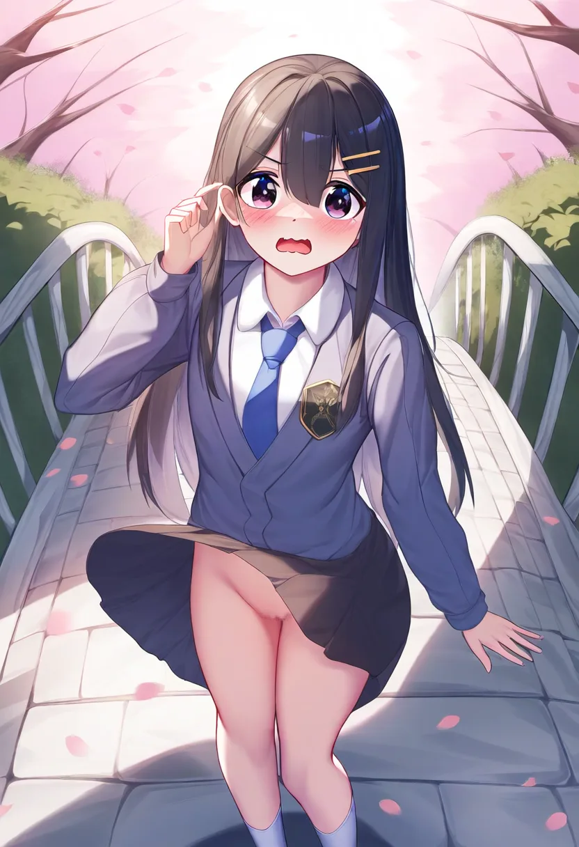美少女のスカートが捲れたらノーパンだったことに気づいて顔を赤らめて恥ずかしがっている