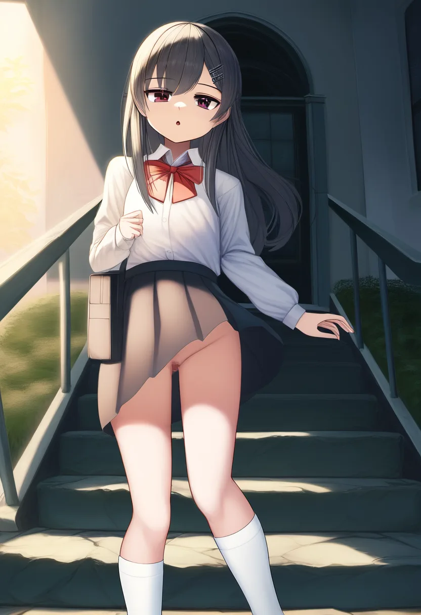 階段を歩く美少女のスカートが捲れたらノーパンだったがまだ気づいていない