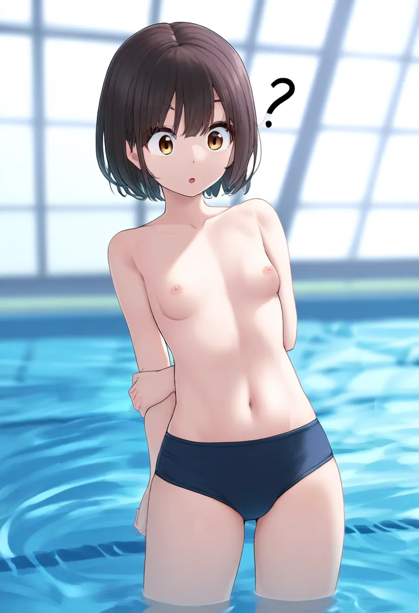 何かに気づいてしまったトップレスの後輩ちゃん