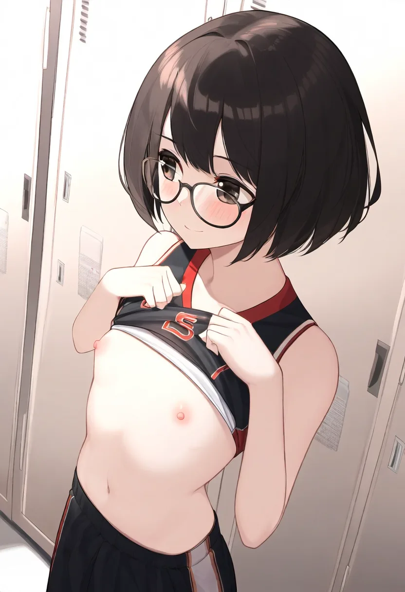 めがねバスケ少女おっぱい出してはにかむ