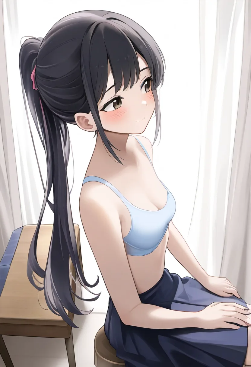 黒髪ポニテ少女がブラ
