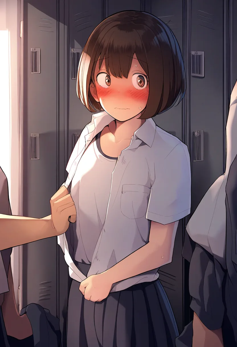 ショートヘアの女子が恥ずかしがりながら脱ごうとしているとボーイズに服を引っ張られている。