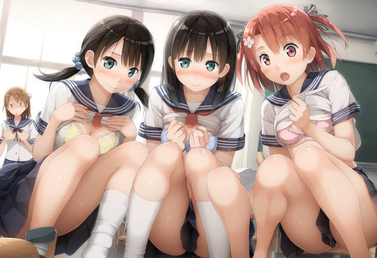 おっぱい見せ見せ女子たち三人。
