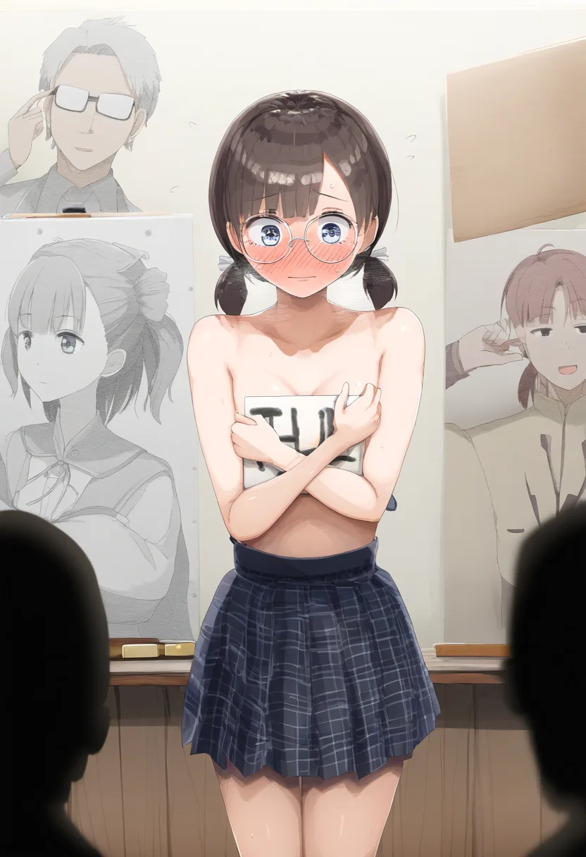 おっぱい隠すのも限界なメガネ女子。