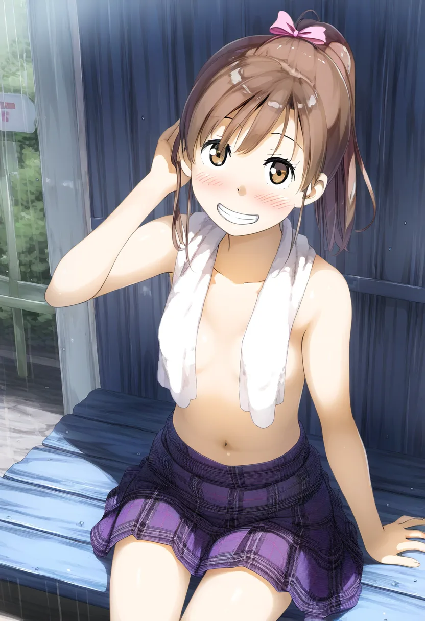 はにかむトップレス女子。