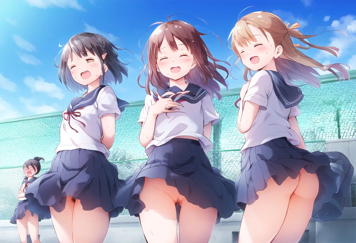 もはや慣れてきて笑顔でノーパンチラリな女子たち。