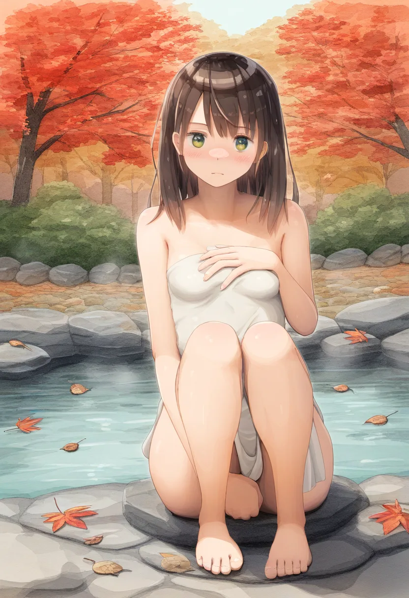 タオル一枚。大事なところは隠す秋の温泉女子。