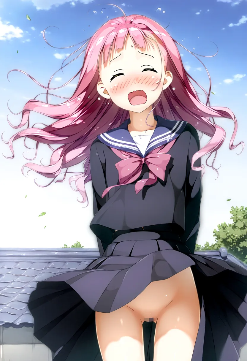 ノーパンで外に立つピンクな天パ女の子