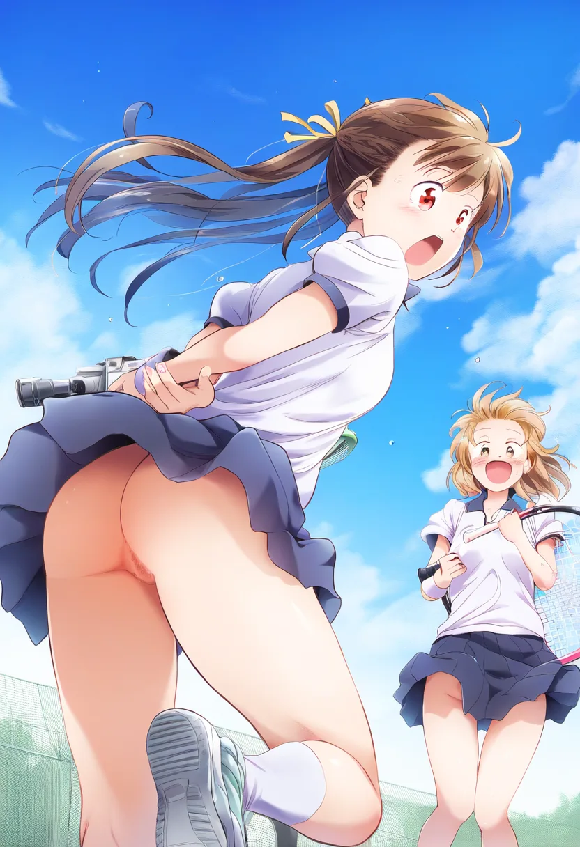 ノーパンの罰を受けているテニス女子たち。