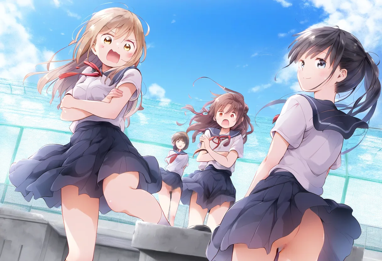 ノーパン女子たちは屋上でふわり。