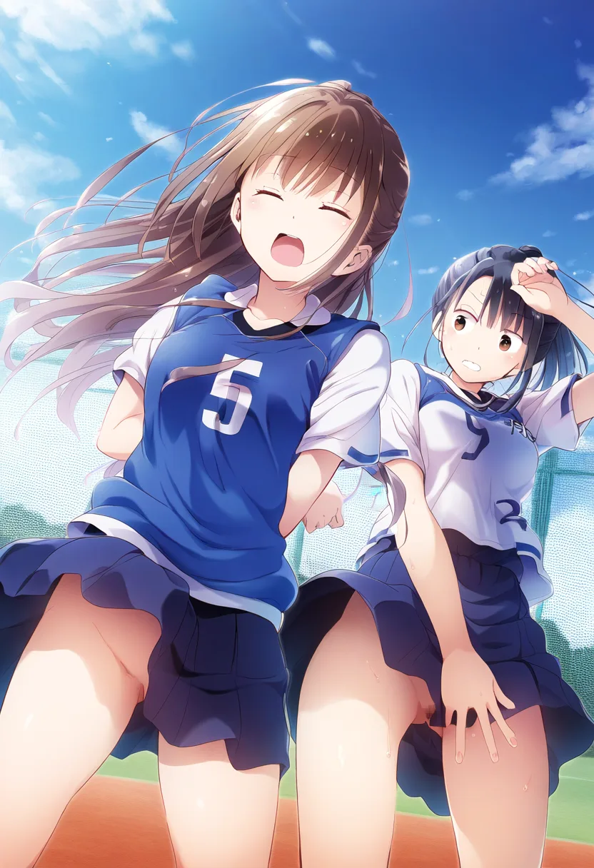 バスケのユニフォームとスカートというトリッキーな組み合わせの女子たち。