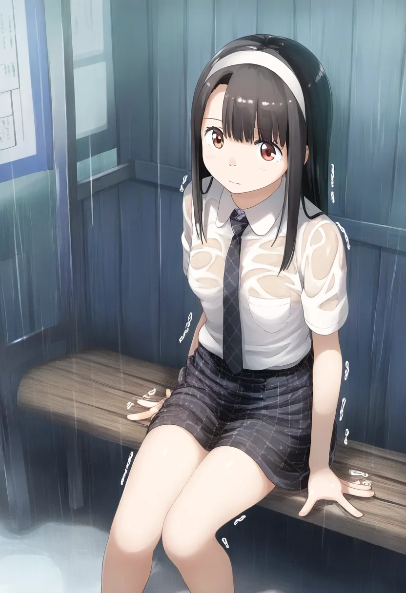 バス停で雨に濡れて震える女子。