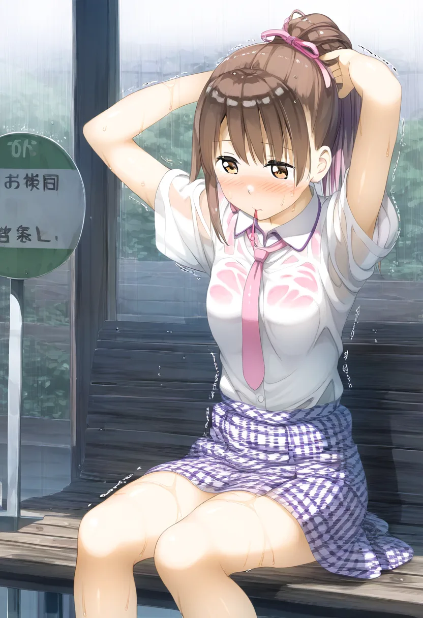 バス停女子のピンクの下着がスケスケ。
