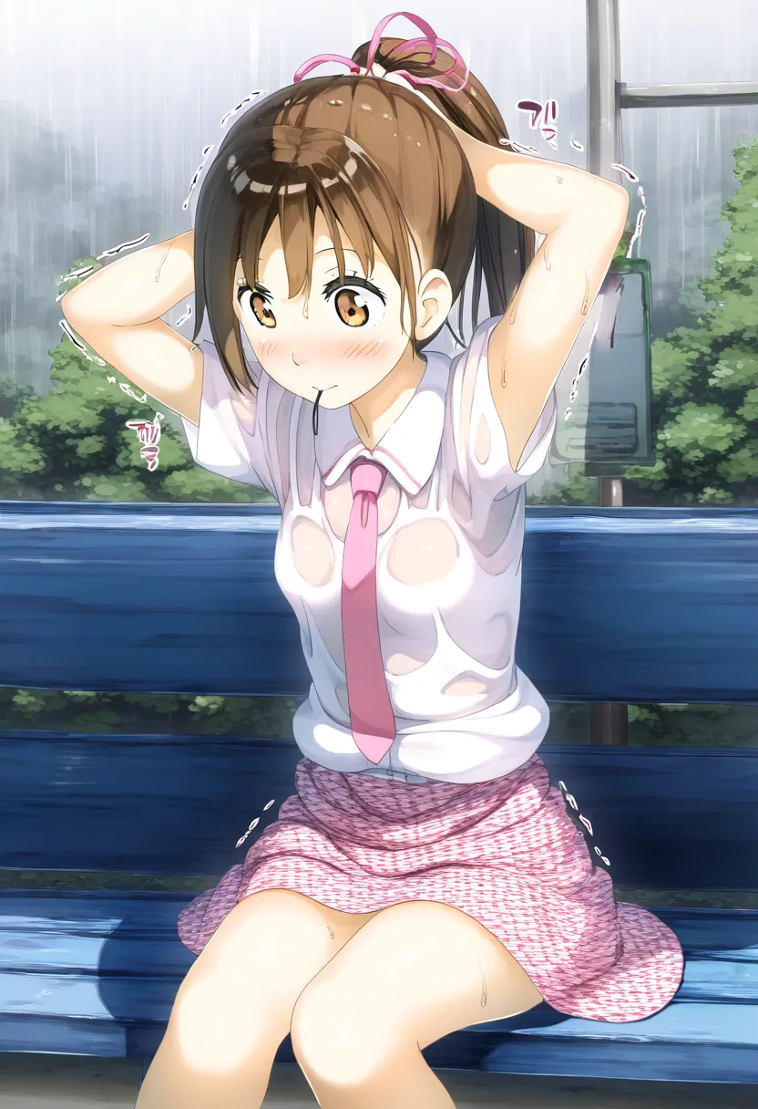 バス停女子の肌が透けております。