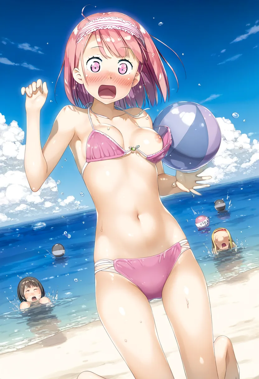 ビーチバレーにはピンクのショートヘア女の子のおっぱいがつきものです