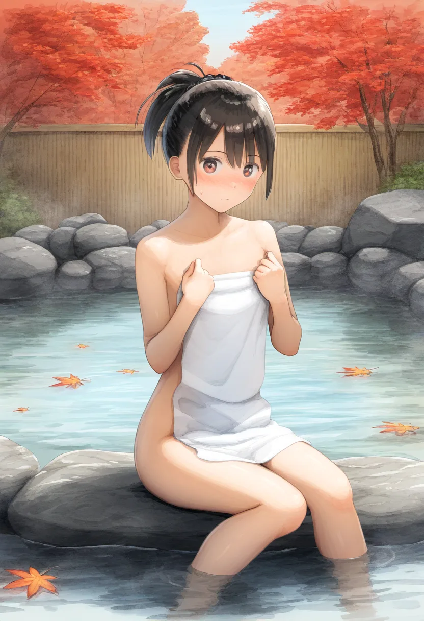 ポニテ女子。温泉に座っている。