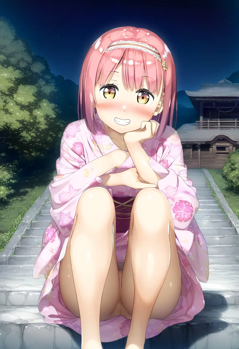 マンちらしてるショートピンクヘア女の子