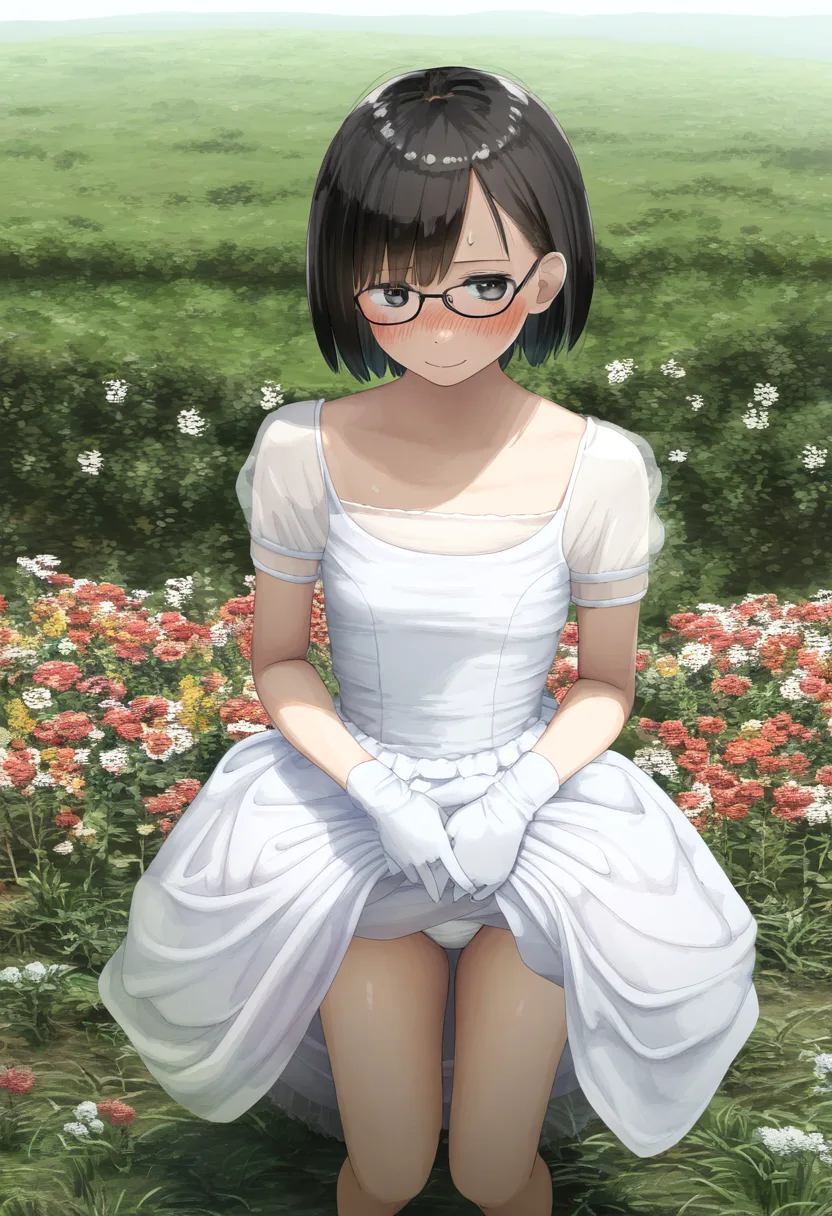 メガネ女子がたくし上げてパンツ見せてる。