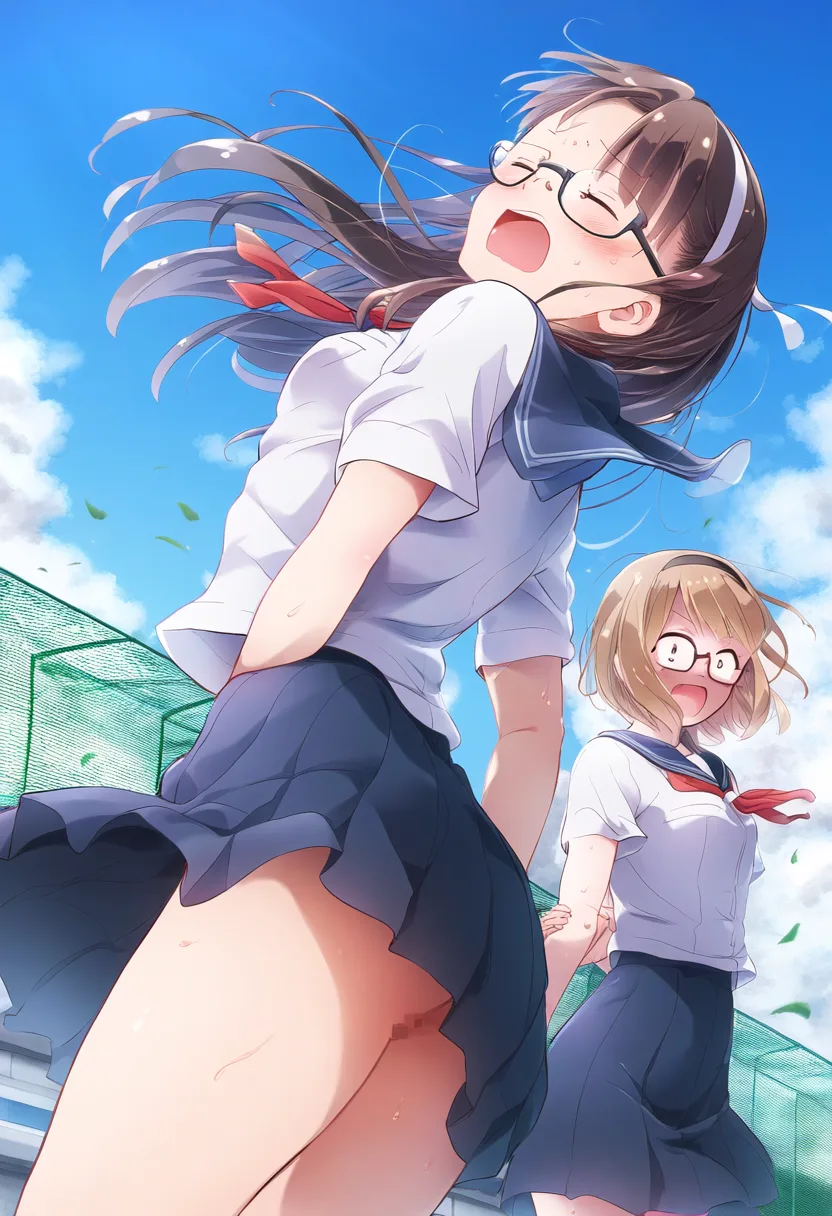 メガネ女子たちがノーパンんで強風の中立たされている。