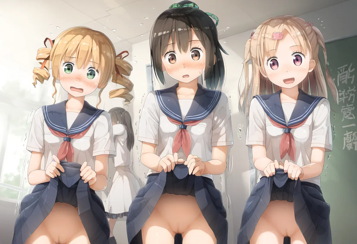 三人並んでお◯んこ丸見えです。