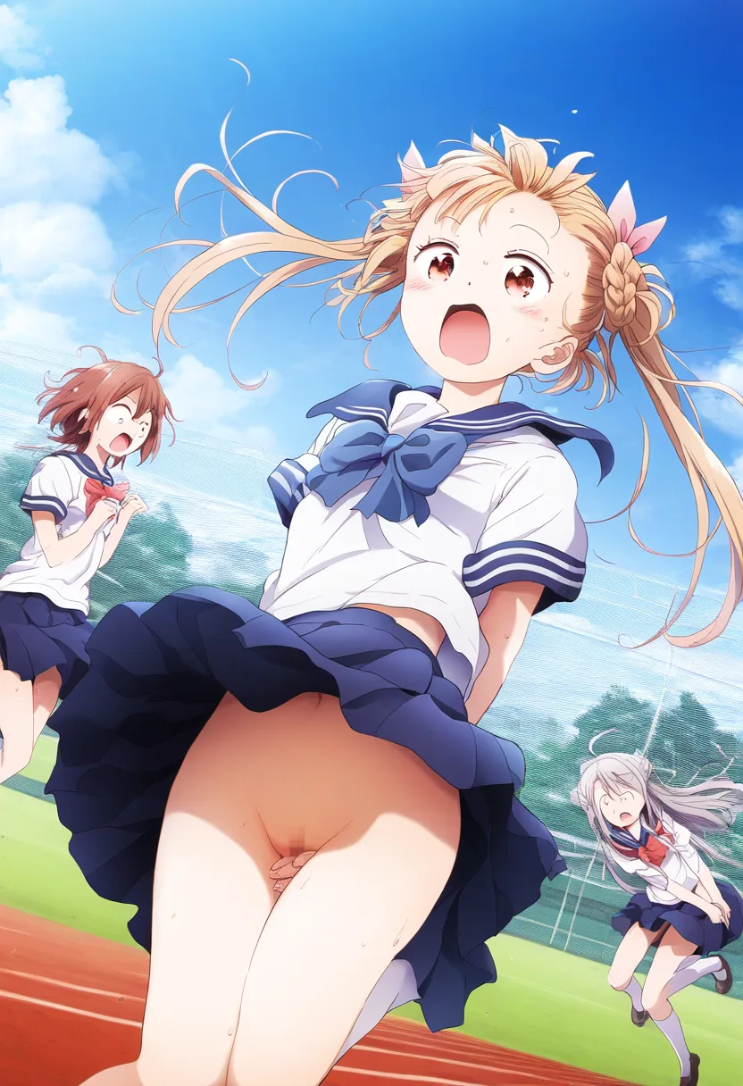 前を隠すの禁止なので、後ろから無理やり隠そうとするが隠せないノーパン女子。