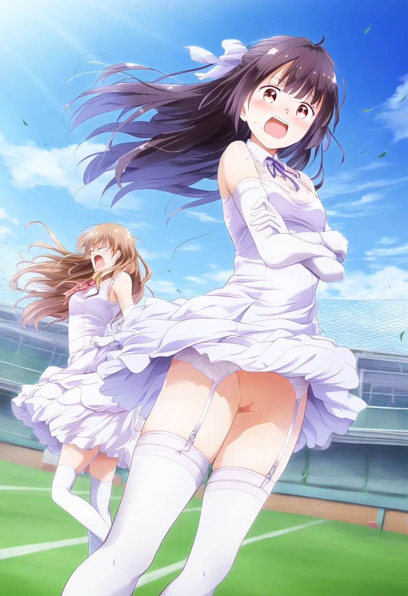 外で風に吹かれて丸見えな女子たち。やらかしたらしい。