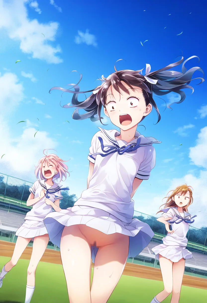 強い風が吹いてノーパンがバレてしまったツインテール女子。