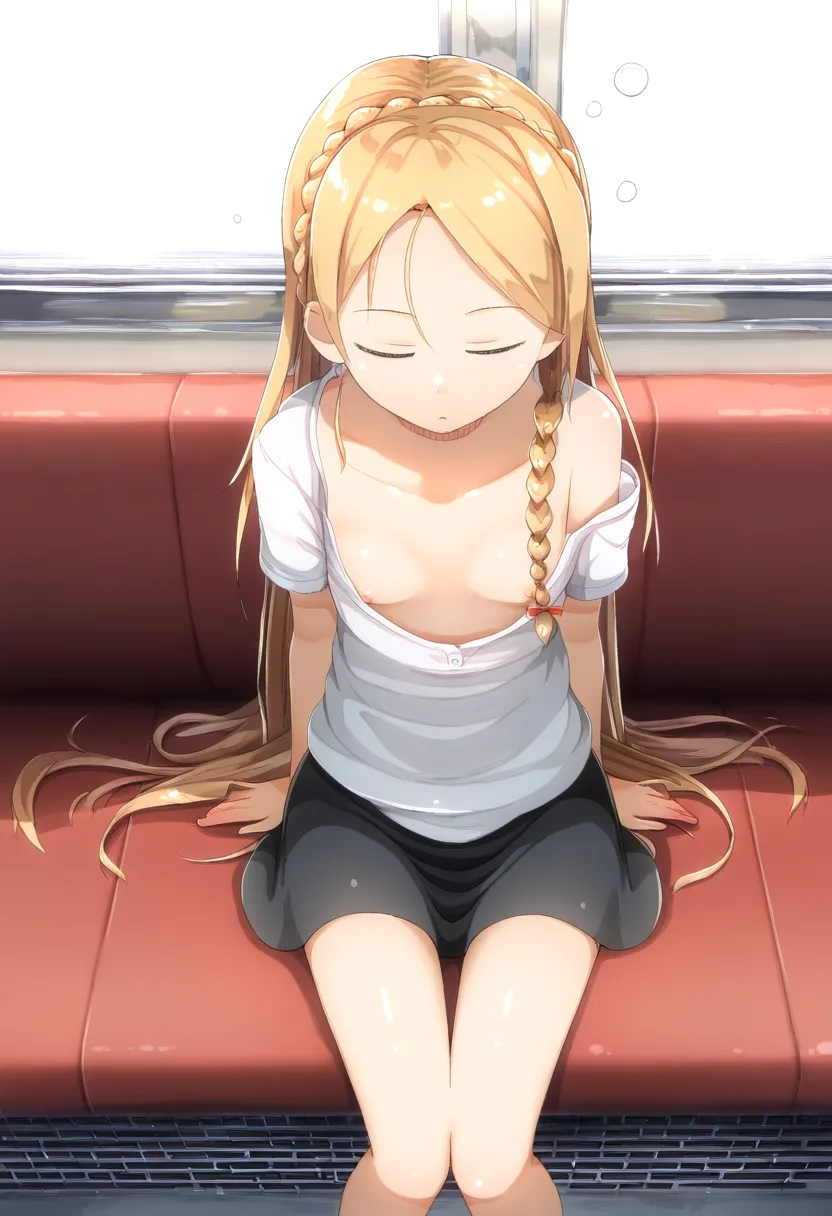 疲れて眠る金髪娘のおっぱい見えてる