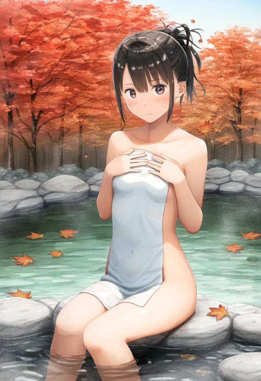 綺麗に隠しているポニテ女子。秋の温泉。