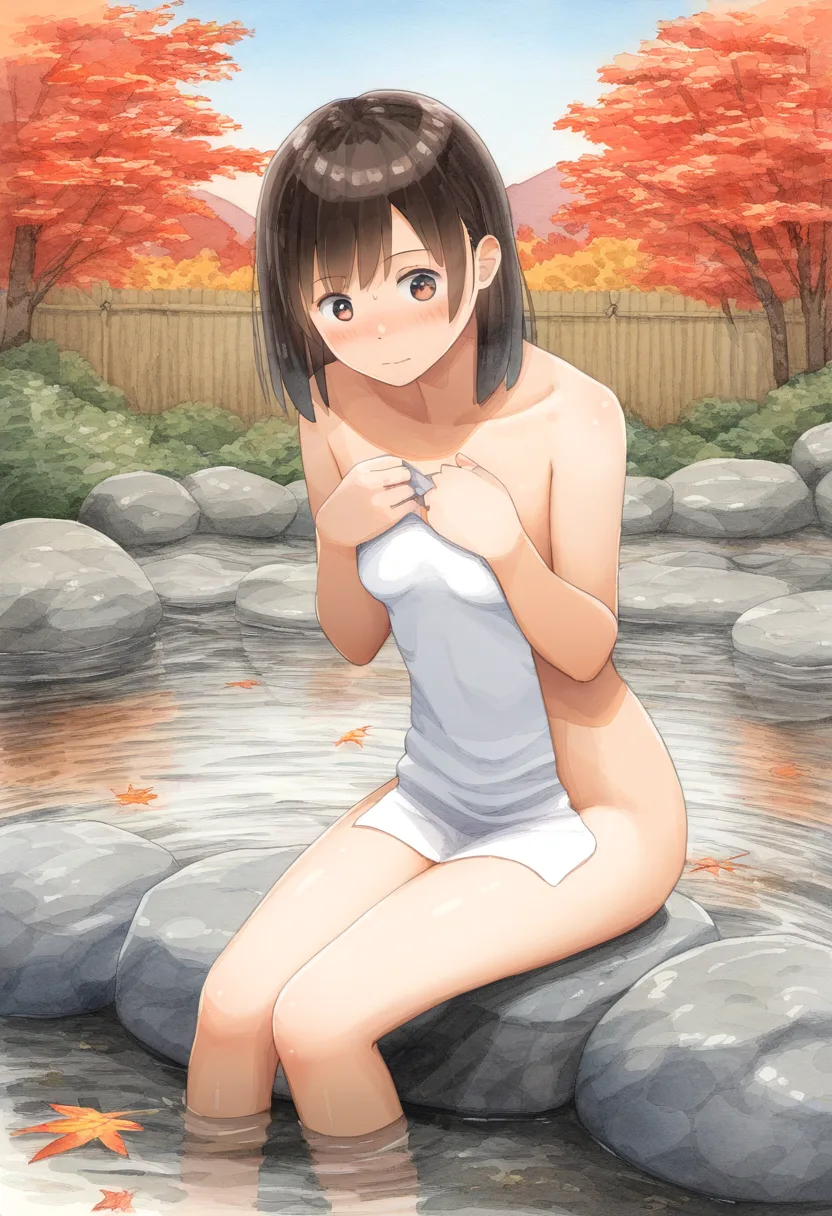 適度な恥じらいと紅葉。秋の温泉女子。