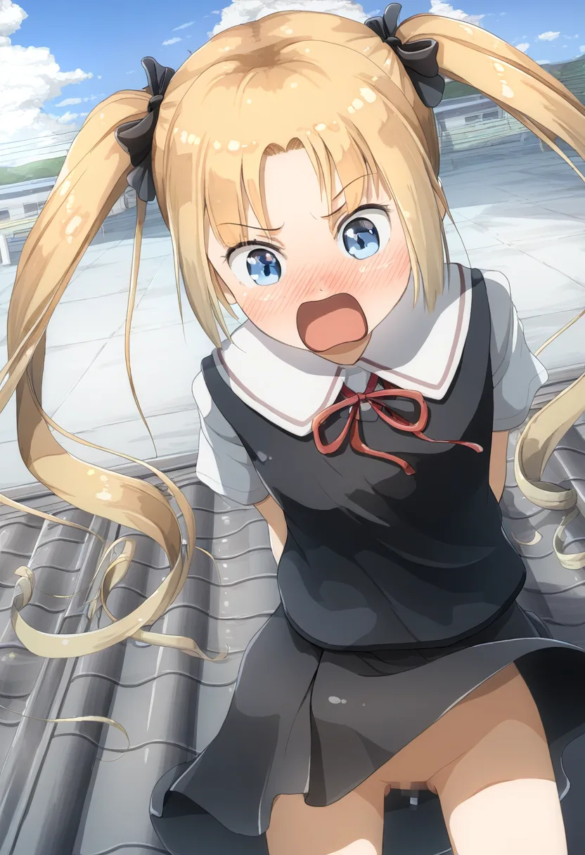 金髪ツインテ娘がノーパンで外に立たされる