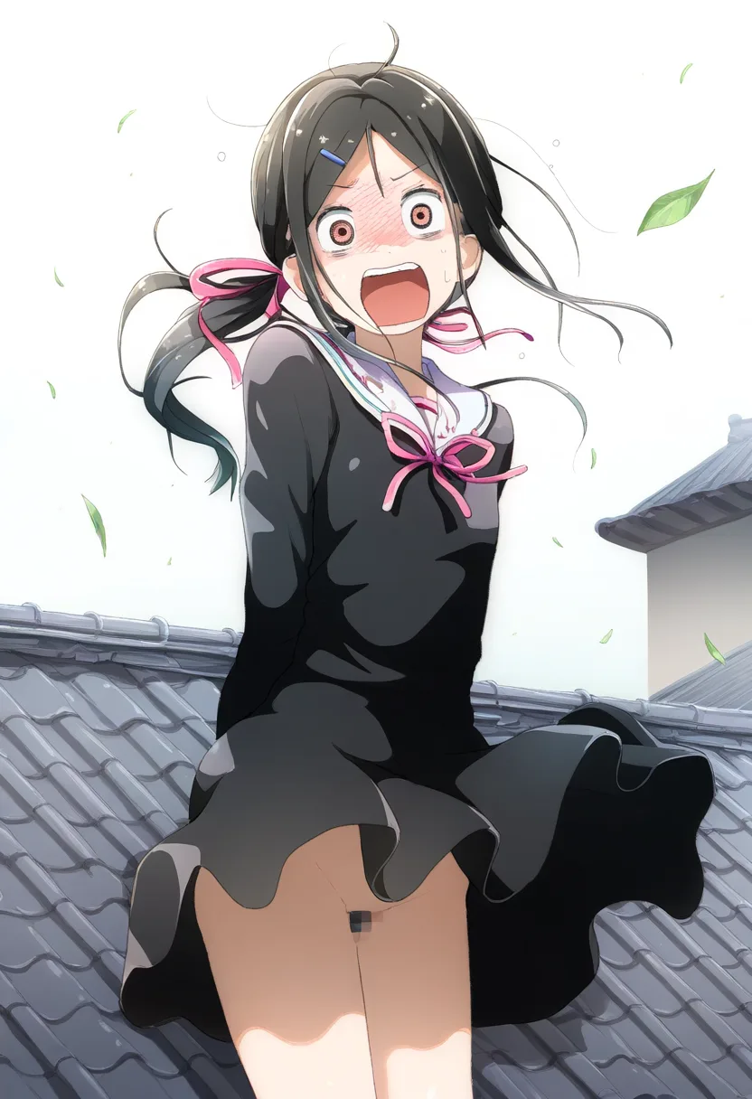 長いポニテが可愛い女子がノーパンで外に立つ