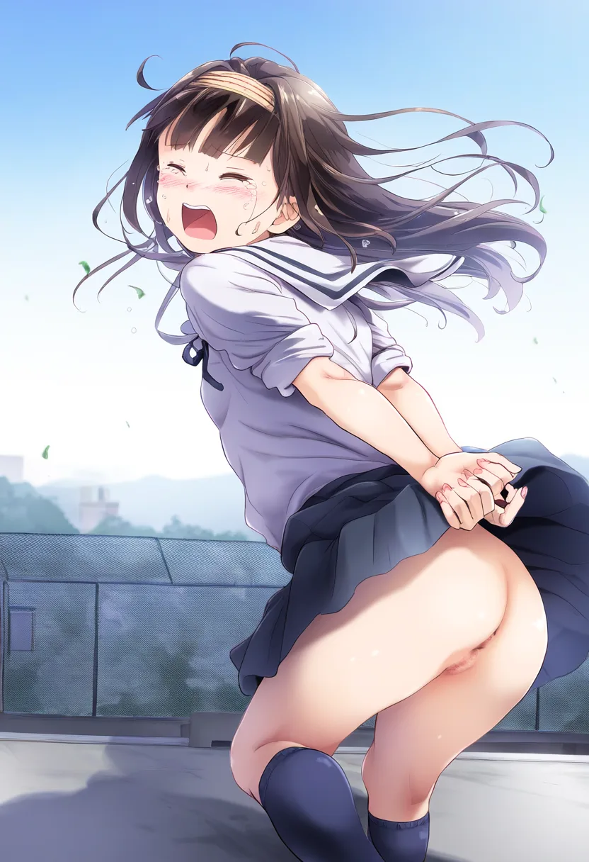 風でまんチラしてしまった女子。
