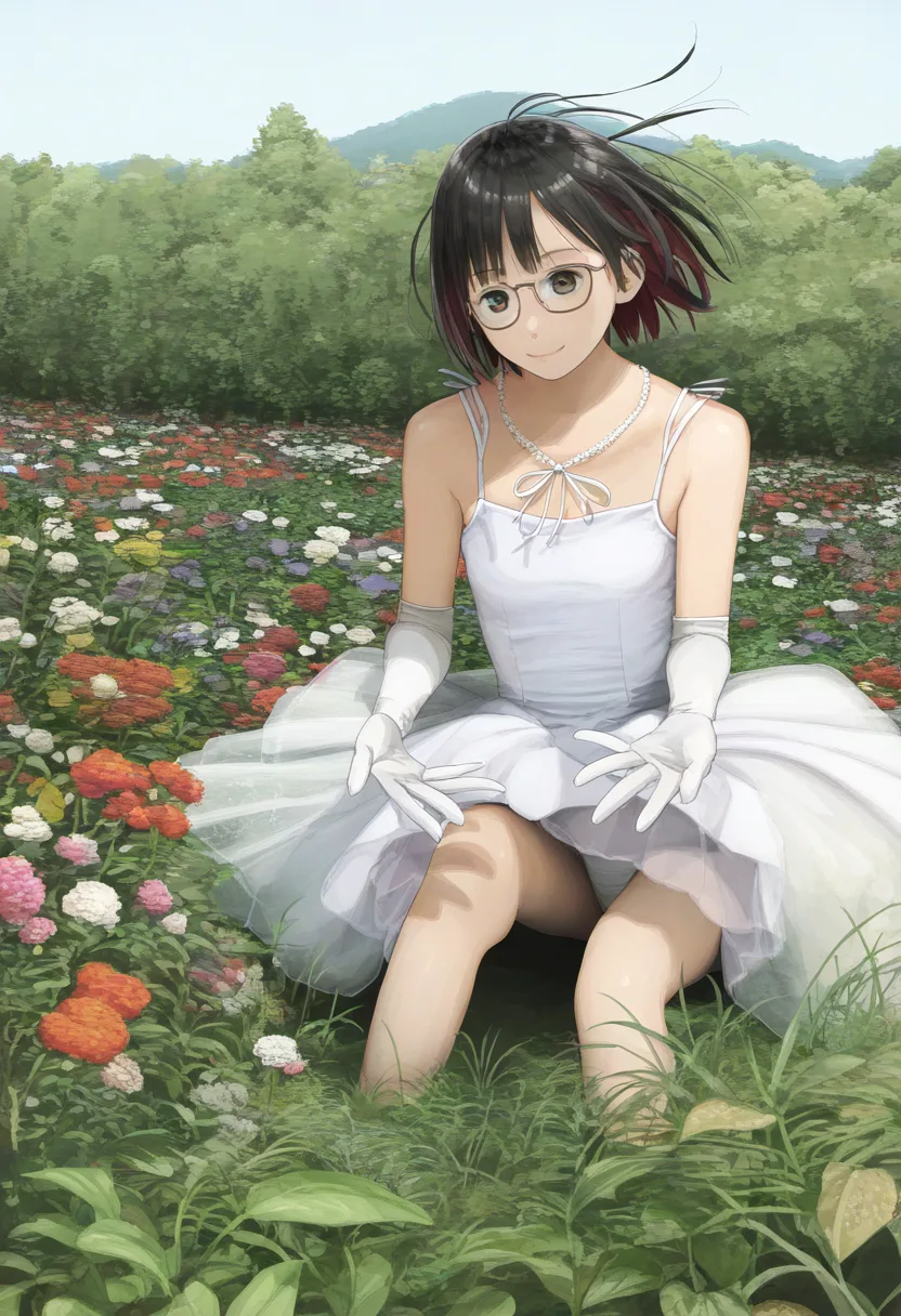 風に吹かれる白いドレスの女子。