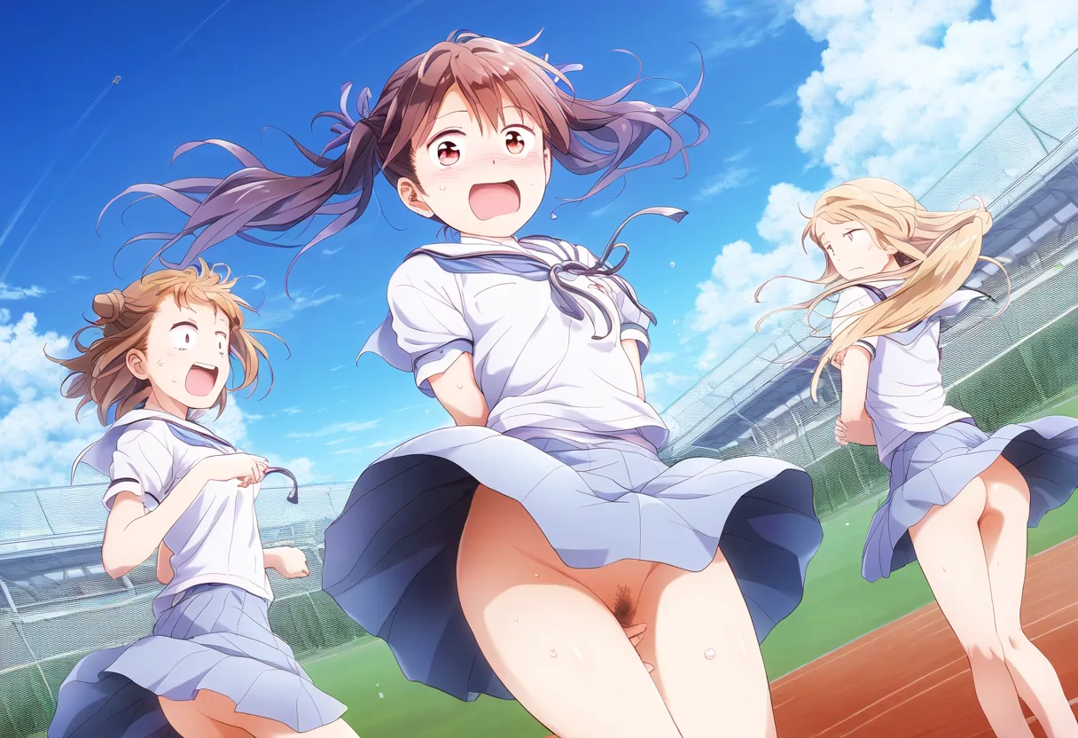 風に捲れてしまうノーパン女子たちのスカート。