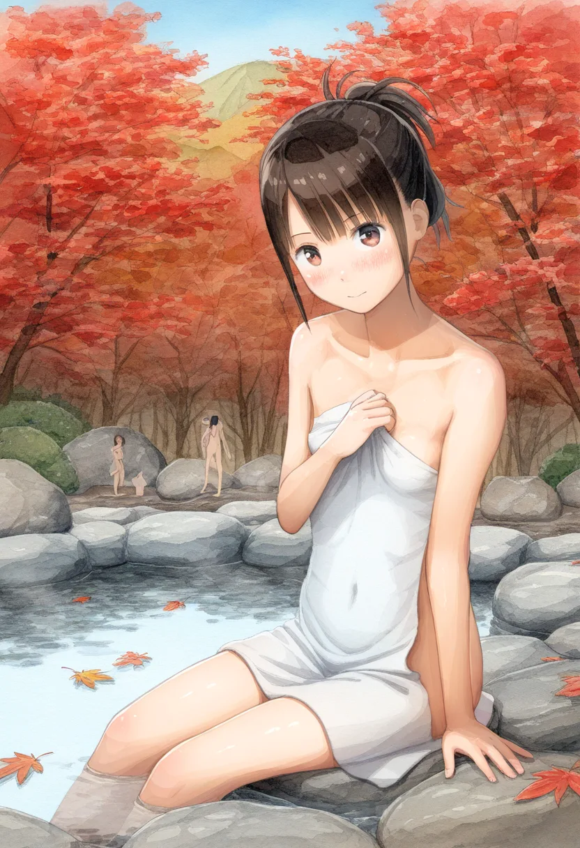 髪を上に上げた女子が秋の温泉に。