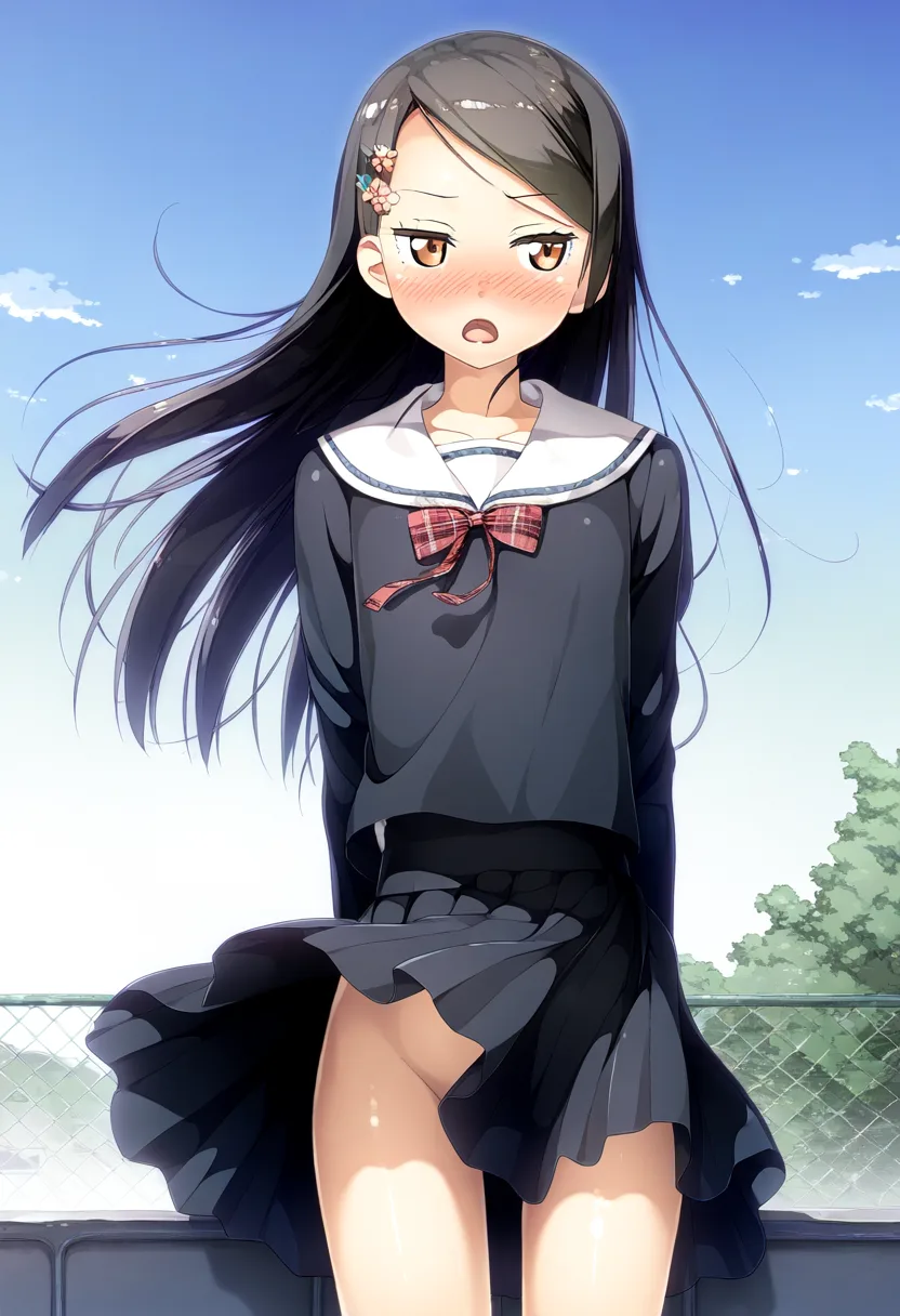 黒髪ストレートお嬢がノーパンで外に立たされる