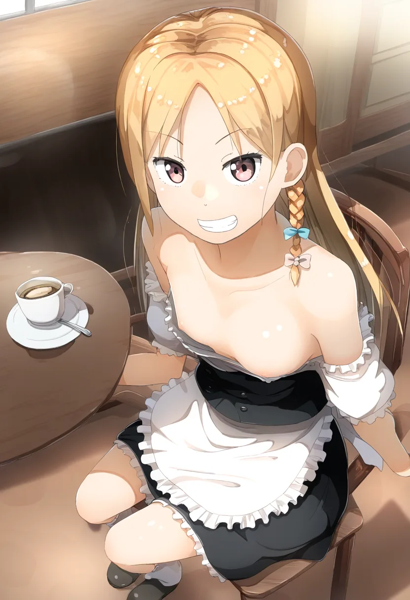 カフェで座る金髪の可愛い女の子メイド