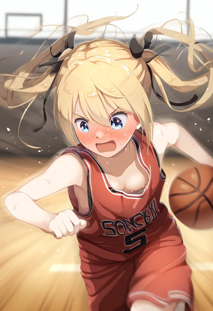 サイズの合わないバスケのユニフォームを着ているツインテ女子