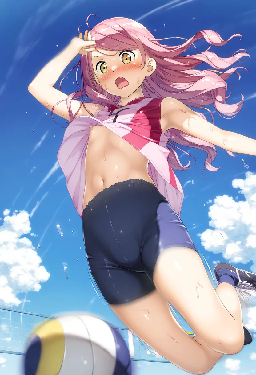 ピンクな天パ女子がバレーボールで乳首チラリ