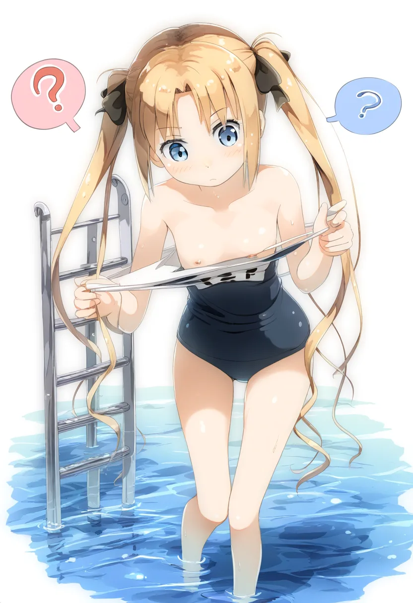 プールから上がろうとしてチラリする金髪のツインテール女子