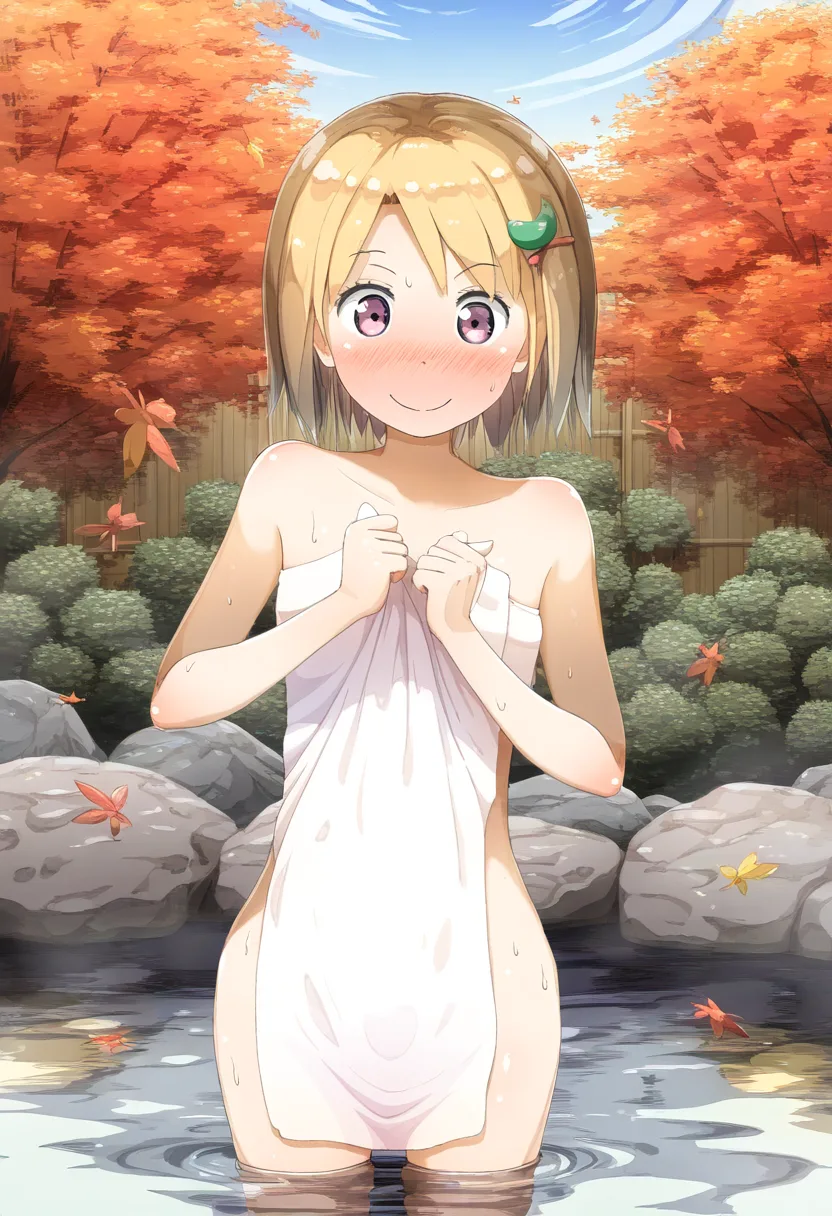 可愛らしい金髪の女の子と温泉で出会う