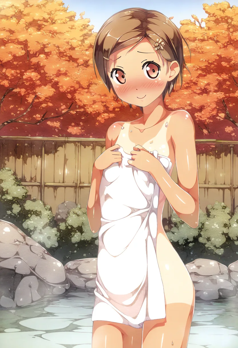 茶髪短髪女の子が温泉でタオル持ってる