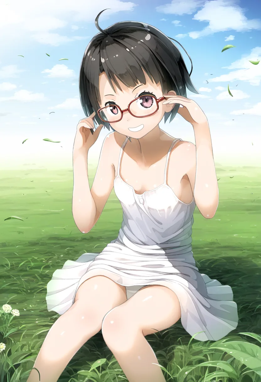 草原で元気メガネ女子が笑う