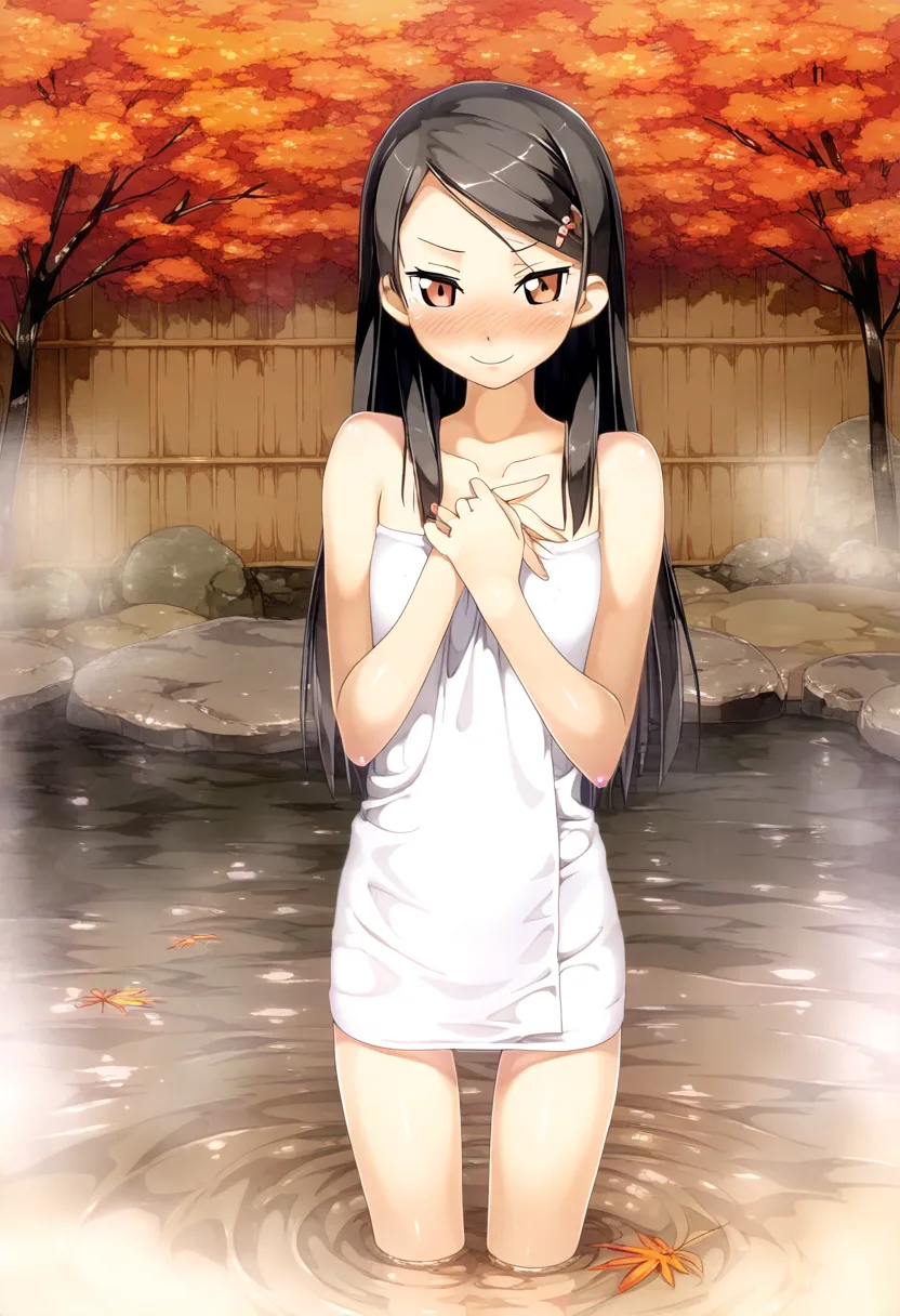 黒髪のお嬢様が温泉でタオル持ってる