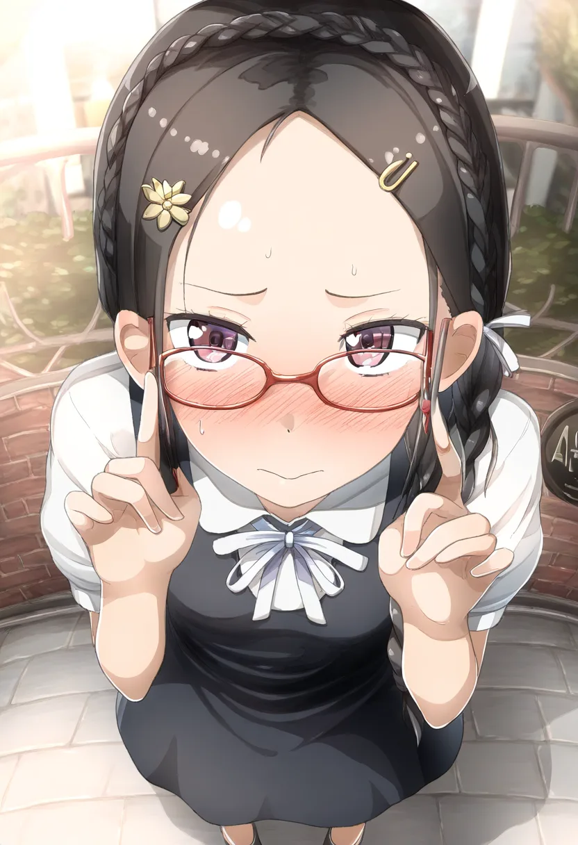 黒髪眼鏡っ子がスカート押さえる