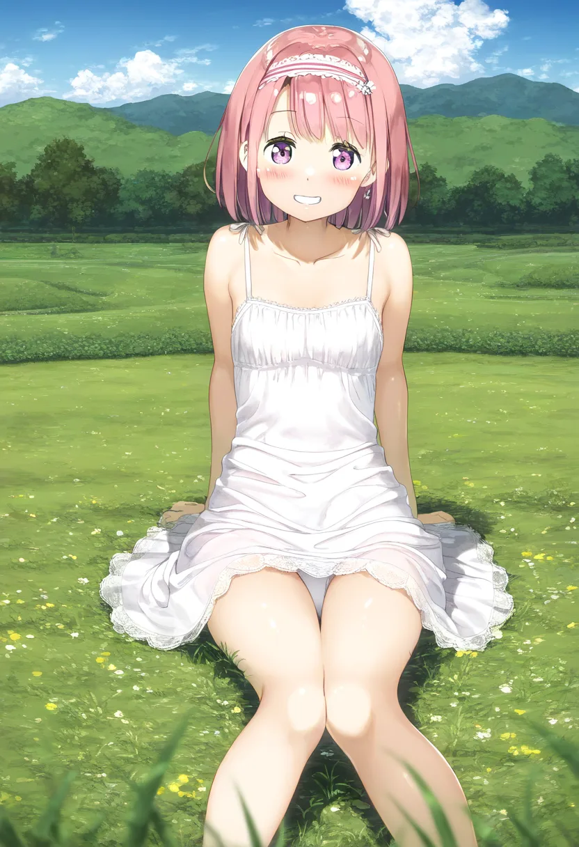 ショートのピンクヘア女子が草原で可愛すぎる